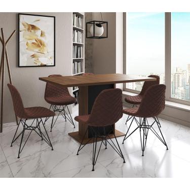 Imagem de Mesa Jantar Londres Retangular Amêndoa 137X90 Base Preta 6 Cadeiras Estofadas Caramelo Ferro Preto