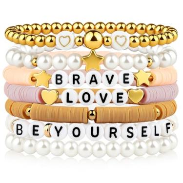 Imagem de 7 peças de pulseiras leves de café da amizade, pulseiras modernas de contas de argila Heishi para mulheres, pulseira elástica com contas banhadas a ouro boêmia empilhável, conjunto de pulseiras