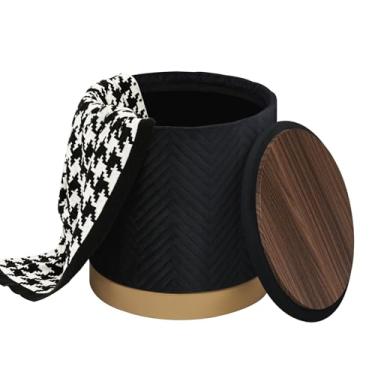 Imagem de CAIPINFUL Otomano redondo com armazenamento – apoio para os pés elegante com pernas douradas, mesa de centro para sala de estar, dormitório otomano de armazenamento, preto
