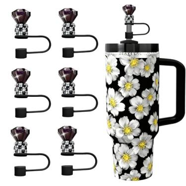 Imagem de JIASHEBDE Conjunto de topo de palha de diamante para Stanley Cup 850 g 1,134 g, tampas de strass brilhantes, capas de silicone reutilizáveis à prova de poeira para presentes femininos (6 peças preta)