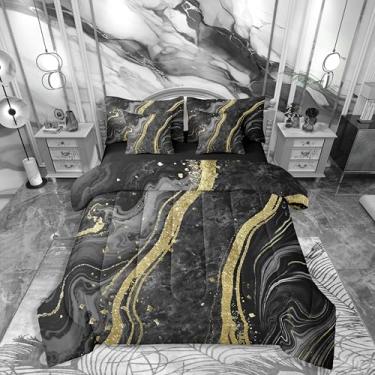 Imagem de Erosebridal Jogo de cama casal de mármore preto com 7 peças, para crianças, meninos, meninas, adolescentes, moderno, chique, geométrico, estético, com lençol com enchimento de edredom de textura