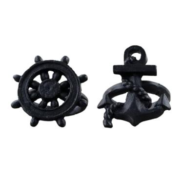 Imagem de HomeHand Conjunto de anéis de guardanapo feitos à mão de âncora náutica e leme, feitos de ferro fundido, ideal para decorações de mesa, casamento, jantar, festa (preto, 4,7 cm)