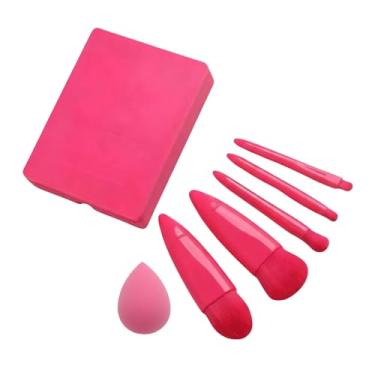 Imagem de Kit Pincéis de Maquiagem Portáteis com Estojo e Espelho + Esponja Blender – 5 Pincéis Rosa Pink para Base, Pó, Blush e Olhos, Ideal para Bolsa e Viagem