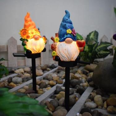 Imagem de YZYOE 2 pacotes de luzes LED de elfo anão movidas a energia solar, luzes de decoração de atmosfera ao ar livre e 2 lindas lâmpadas de paisagem de duende anão de resina.
