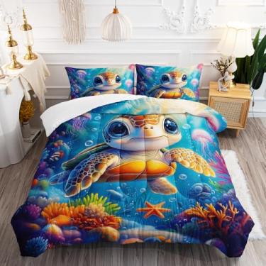 Imagem de AILONEN Conjunto de edredom Kawaii com tartaruga marinha, tamanho solteiro, água-viva, coral, vida oceânica, microfibra macia, 1 colcha e 2 fronhas, 3 peças