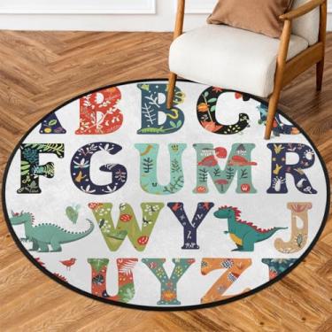Imagem de Tapete redondo de 1,5 m com gráfico do alfabeto, dinossauro, tapete circular antiderrapante, lavável, tapete de porta circular para quarto, berçário, sala de estar, cozinha, banheiro, entrada