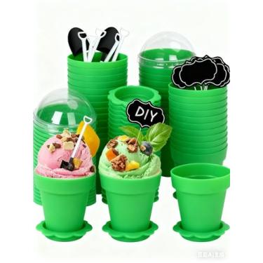 Imagem de FYSUIMU Conjunto de 50 copos de plástico para sobremesa de vaso de flores verdes com tampa, pá, colher inferior, bandeja preta, palitos de sorvete, iogurte, recipientes para festa de aniversário do