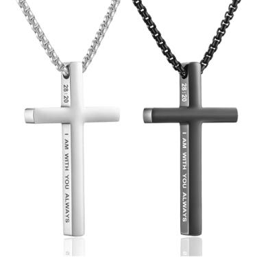 Imagem de GHIUYUI 2 unidades de colar de cruz preta prata para homens, corrente de cruz inspiradora com versículo bíblico, corrente cruzada, religiosa, cristã, de aço inoxidável, pingente de joia para presentes