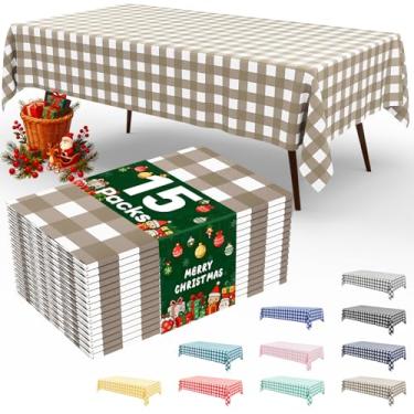 Imagem de misaya Pacote com 15 toalhas de mesa descartáveis de búfalo, 137 x 272 cm, toalha de mesa de plástico impermeável retangular branca e cáqui para piquenique, aniversário, festa