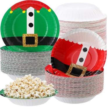 Imagem de Qinyoung 120 tigelas de papel de Natal de 473 ml, tigelas descartáveis de elfo de Papai Noel, tigela de sopa de Natal para comida fria e quente, suprimentos de festa de inverno (cinto)
