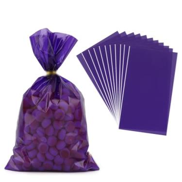Imagem de Diueoly Sacos de guloseimas de celofane roxo, 100 unidades de sacos de doces roxos transparentes, 15 x 23 cm, saco de presente para petiscos, com laços torcidos para lembrancinhas de festa de
