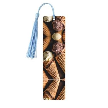 Imagem de Sorvete – Conjunto de 5 peças de marcadores de livro de madeira com borlas, madeira natural para livros e diários, presente para amantes de livros.