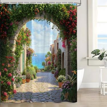 Imagem de Cortina de chuveiro litorânea italiana oceano mediterrâneo cena de rua antiga flor planta verde vintage cidade europeia rural mar natureza rústica cortina de banho com ganchos