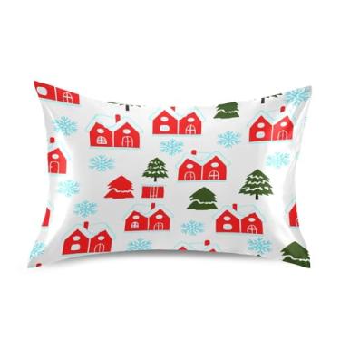 Imagem de Wassud Simple Red Houses Fronha de cetim para cabelo e pele fronhas de seda lisa queen size capas de travesseiro respiráveis com fecho de envelope