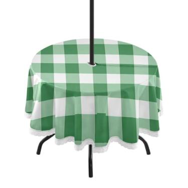 Imagem de CEBUGI Toalha de mesa redonda para uso externo verde xadrez impermeável com furo Umberlla toalha de mesa lavável para pátio, cozinha, sala de jantar 152 cm