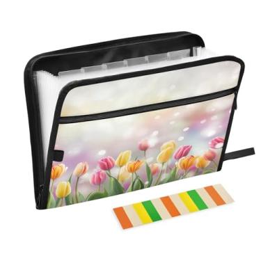 Imagem de Wassud Acordeão colorido tulipas organizador de arquivos carta a4 pastas de arquivo de papel organizador de documentos fólio com etiquetas pasta de arquivo expansível 13 bolsos