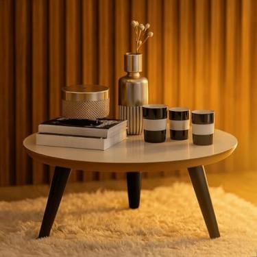 Imagem de Mesa de centro redonda em PVC estilo retrô com pés em formato de fuso, ideal para decoração de salas de estar modernas(Off-Freijó/Preto)