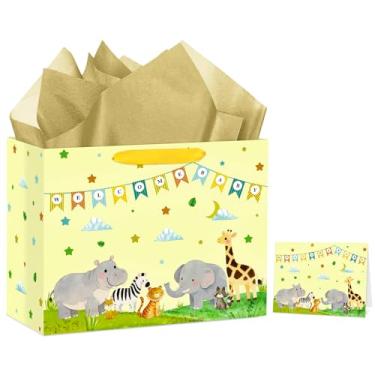 Imagem de Hooqict Bolsa grande de presente para chá de bebê com alças, papel de seda, cartão de felicitações para chá de bebê recém-nascido, gênero revelar suprimentos de lembrancinhas de festa de 1º