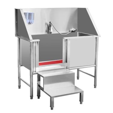 Imagem de Estação de banho para cães grandes, estação de banho profissional de aço inoxidável para cães, banheira de cuidados com escadas, pia de lavagem de animais de estimação, banheira para cães de estimação