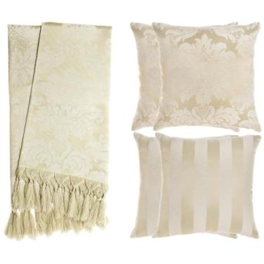 Imagem de Kit Manta para Sofá Jacquard 1.8x1.4m + 4 Capas de Almofada 45x45cm - Conjunto Protetor e Decorativo com Franjas Artesanais(Bege 01)
