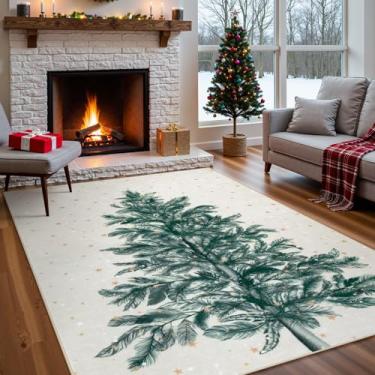 Imagem de Lahome Tapete de Natal lavável bege 12 x 18 cm, tapete antiderrapante para sala de estar, tapete macio para quarto, estampa de árvore de Natal, floco de neve, decoração de férias, tapetes não trafinos