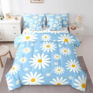 Imagem de Erosebridal Conjunto de cama solteiro com estampa de flores de desenho animado, margarida azul e branca em uma bolsa para crianças, meninas, adolescentes, conjunto de edredom floral com lençóis, cama