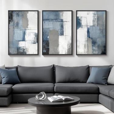 Imagem de Arte de parede abstrata grande emoldurada azul e cinza, 3 peças de arte de impressão em tela moderna para paredes, imagens minimalistas em bloco abstrato para sala de estar, entrada, corredor, quarto