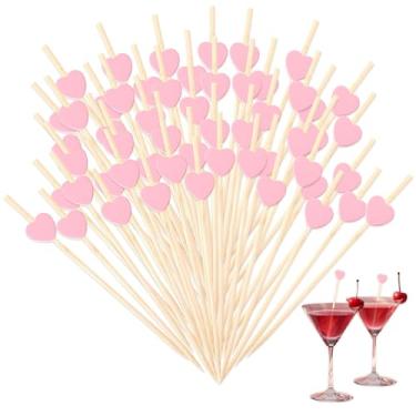 Imagem de Palitos de coquetel de coração rosa, 100 palitos de coração para aperitivos, palitos de coquetel chiques de bambu de 12 cm de comprimento para charcutaria, comida, bebidas, enfeite de frutas