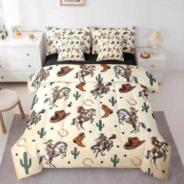 Imagem de Jogo de cama de casal Country Western, 7 peças, para crianças, meninos, meninas, caubói, ocidental, para adolescentes, adultos, chapéu de caubói, botas, edredom com lençol com lençol e cacto ferradura