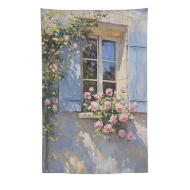Imagem de Tapeçaria de janela de casa de campo francesa persianas azuis rosas rosas exuberantes estilo pintura a óleo parede rústica decoração de casa para quarto sala de estar ambiente encantador tapeçaria 152
