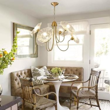Imagem de Lustre nórdico moderno com 6 luzes, luminária suspensa para ilha de cozinha, luminária pendente em vidro com formato de folha de lótus, luminária suspensa clássica francesa com estampa flora