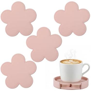 Imagem de Nuanchu 4 peças de porta-copos de flores de couro PU com suporte de base de couro redondo absorvente fofo porta-copos rosa tapete de xícara de café decorativo para o dia dos namorados presente de