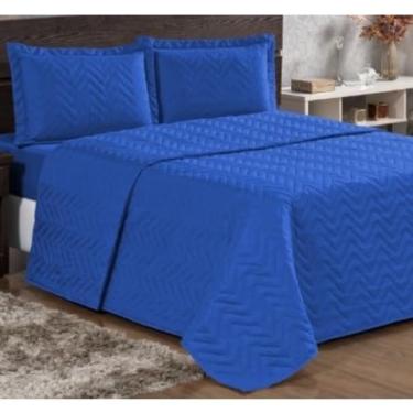 Imagem de Kit Cobre Leito Casal + Jogo de Lençol 4 Peças Toque Macio com Elástico – Colcha Casal Poliéster (Azul Royal)