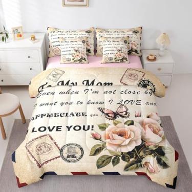 Imagem de Jogo de cama retrô para o dia das mães, 7 peças, tamanho Queen, para o dia das mães, para meninas e mulheres, palavras inspiradoras (edredom + lençol de cima + 2 fronhas + 2 fronhas de travesseiro)