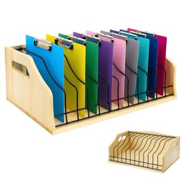 Imagem de Youeon Suporte vertical para prancheta, 12 compartimentos de madeira e metal, organizador de arquivos de mesa com painel lateral para casa, escritório, escola, sem necessidade de montagem