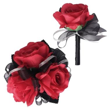 Imagem de JHCYULUO Conjunto de lapela masculino e corpete de pulso rosa vermelha para casamento, flores artificiais, baile, corpete