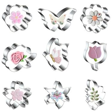 Imagem de Conjunto de 9 peças de cortadores de biscoito de flores, margarida, lírio, rosa, tulipa, flores de cerejeira, folhas de carvalho e borboleta, moldes de biscoito para fondant, aço inoxidável