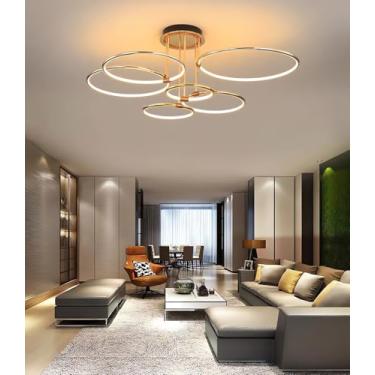 Imagem de Luminária de teto LED dourada com 6 lâmpadas, dimerizável, moderna, para sala de estar, quarto, corredor, escritório e sala de jantar (dourada, 6 anéis).