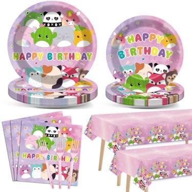 Imagem de 98 peças de decorações de aniversário de animais fofos, pratos e guardanapos de animais kawaii, toalhas de mesa de festa temáticas de animais rosa descartáveis para crianças, aniversário, chá de bebê