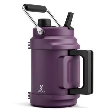 Imagem de Garrafa de água isolada de 1,814 g para academia: Meoky Jarro de água de aço inoxidável com vácuo de parede tripla de meio galão - alças superiores e laterais, canudo 2 em 1 e tampa de bico, frio por