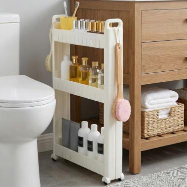 Imagem de PercyEffie Carrinho de armazenamento fino de 3 andares, organizador estreito com rodas para cozinha, banheiro, lavanderia, escritório, prateleiras deslizantes de plástico, design que economiza espaço