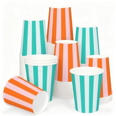 Imagem de AnyDesign 50 peças de copos de papel listrados de verão italiano, 255 g, copos de café descartáveis para festa de despedida de solteira, aniversário, flor, chá de bebê, suprimentos de decoração de