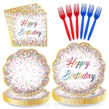 Imagem de Greencian 96 peças de artigos de festa de feliz aniversário confetes, pratos e guardanapos descartáveis, com tema de granulado, conjunto de utensílios de mesa para crianças, aniversário, chá de bebê