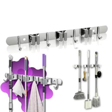 Imagem de Suporte de Parede para Vassouras e Esfregões, Organizador em Aço Inoxidável com 3 Suportes e 4 Ganchos, Porta Vassoureiro para Organização de Ambiente