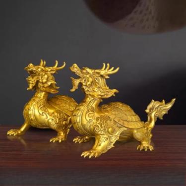 Imagem de FENNYYAR Um par de enfeite de tartaruga de dragão de cobre estátua de tartaruga fofoca, 12,5 cm 12,4 cm, decoração de escritório, sala de estar, artesanato