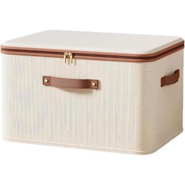 Imagem de Caixa Organizadora 56L Dobrável com Zíper Duplo em Algodão-Linho Bege - Material Respirável para Blusas, Toalhas e Cobertores