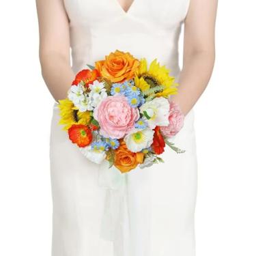 Imagem de Rinlong 1 buquês de casamento para noivas, damas de honra, girassóis, flores artificiais, damas de honra, buquê de noiva para casamento, baile, baile de formatura - rosa e amarelo