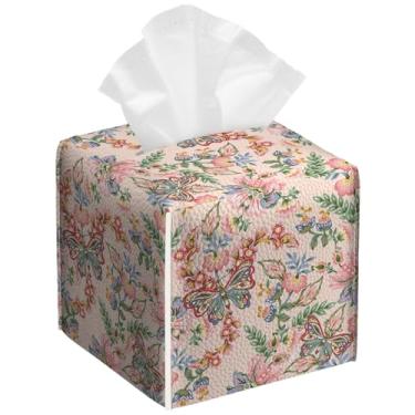 Imagem de Pacote com 2 caixas de lenços de flores rosa borboleta quadrada floral PU suporte de caixa de lenços de papel facial à prova d'água dispensador organizador de papel para banheiro, cozinha, casa