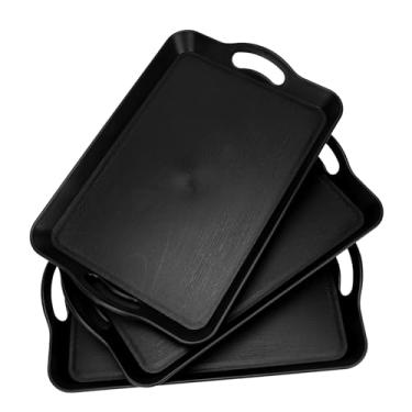 Imagem de Pacote com 3 bandejas de servir pretas com alças, bandejas de plástico antiderrapante de 40,6 x 28 cm para alimentos, bebidas, lanches, restaurante, festa, mesa de centro, cozinha e decoração de casa