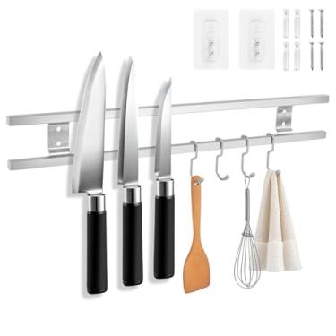 Imagem de Suporte magnético de 43 cm com 4 ganchos, barra de faca magnética forte de haste dupla para rack de ferramentas de garagem, sem perfuração, suporte de faca magnético, fita adesiva para organização de